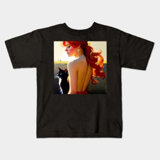 A Redhead and Her Black and White Cat Kids T-Shirt